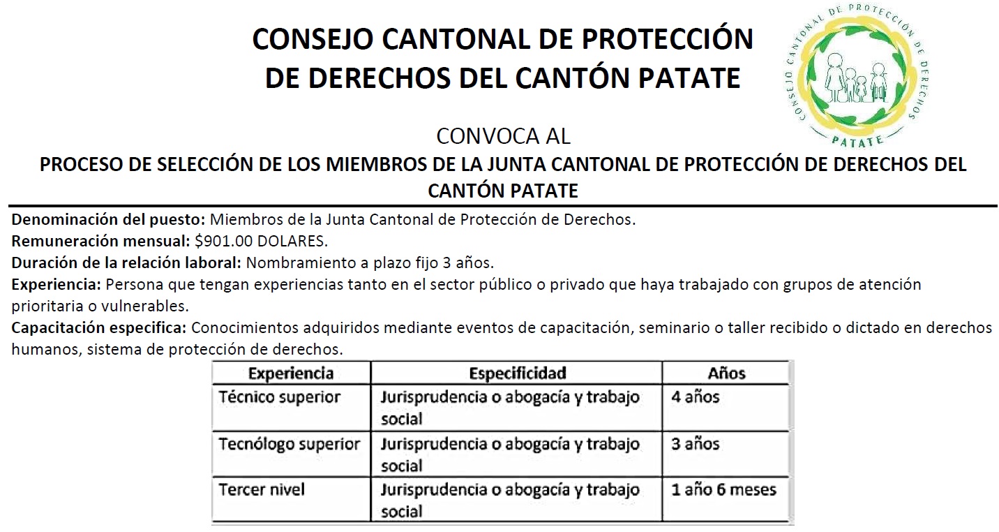 CONVOCATORIA AL PROCESO DE SELECCIÓN DE LOS MIEMBROS DE LA JCPD DEL CANTÓN PATATE